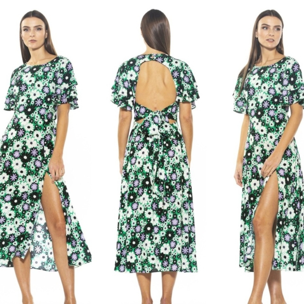 Floral Open-Back Maxi Dress - Green and White